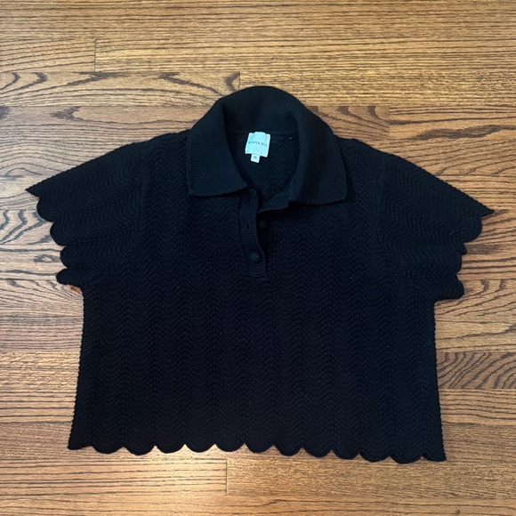 HUNTER BELL Tops - HUNTER BELL Black Scalloped Knit Polo Top